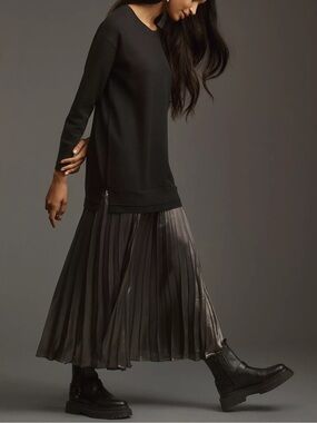 Anthropologie Women’s Twofer Black Knit Oversized Sweater Pleated Midi Dress S